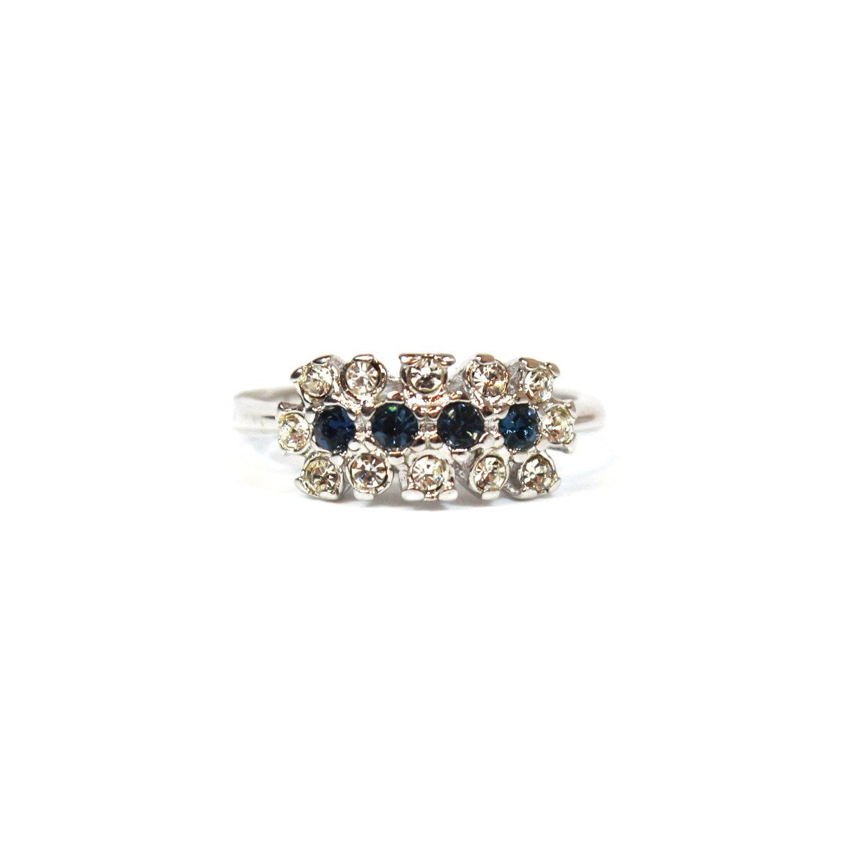 Vintage 1970s Sapphire and Clear Austrian Crystal Cluster Ring - 18k White Gold Plated jewelry image 1