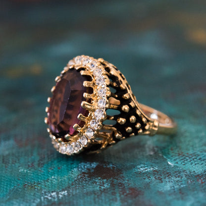 Vintage Amethyst and Clear Crystal 18k Antiqued Yellow Gold Electroplated Ring Made in the USA