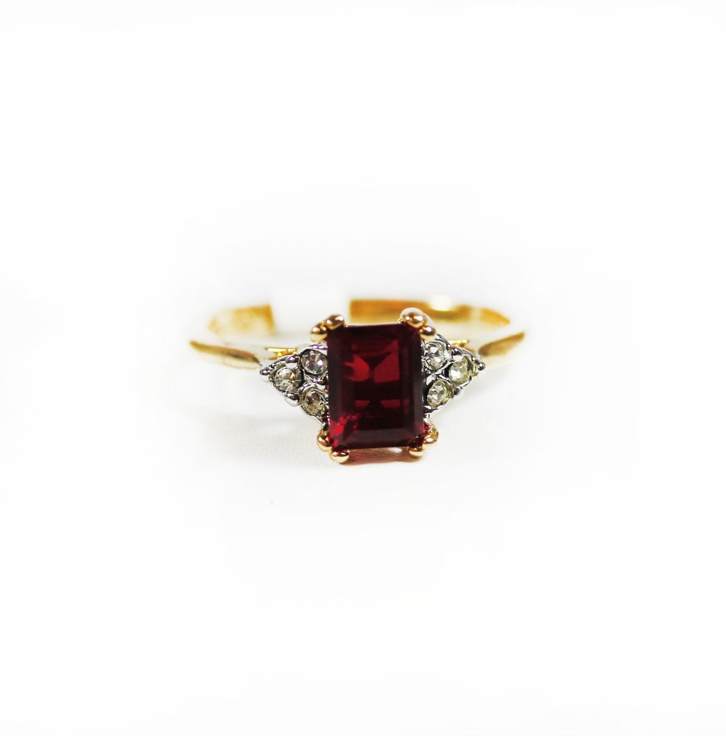 Vintage 1980s Ruby Red Emerald Cut Austrian Crystal Ring - 18k Gold Electroplated with Clear Crystal Accents jewelry image 1