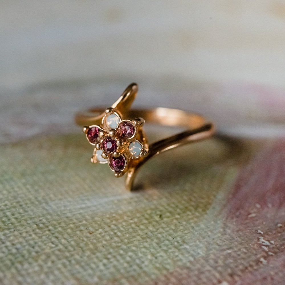 Vintage 1970s Amethyst Austrian Crystal and Pinfire Opal Cluster Ring - 18kt Yellow Gold Electroplated jewelry image 1