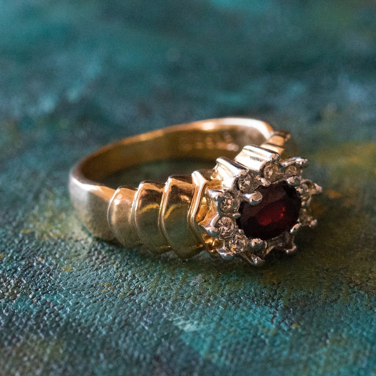 Vintage Ring Genuine Garnet and Clear Swarovski Crystals 18kt Gold Electroplated Band January Birthstone