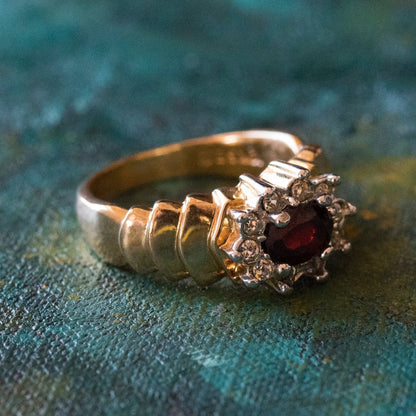 Vintage Ring Genuine Garnet and Clear Swarovski Crystals 18kt Gold Electroplated Band January Birthstone