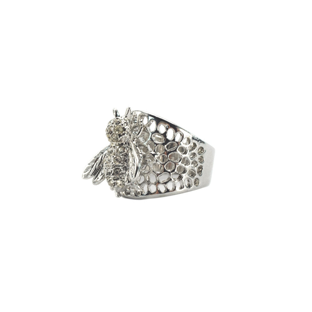 Vintage Ring Bee Ring Clear Swarovski Crystals 18kt White Gold Silver Antique Womans Jewelry #R193 Size: 8