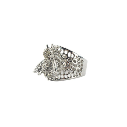 Vintage Ring Bee Ring Clear Swarovski Crystals 18kt White Gold Silver Antique Womans Jewelry #R193 Size: 8