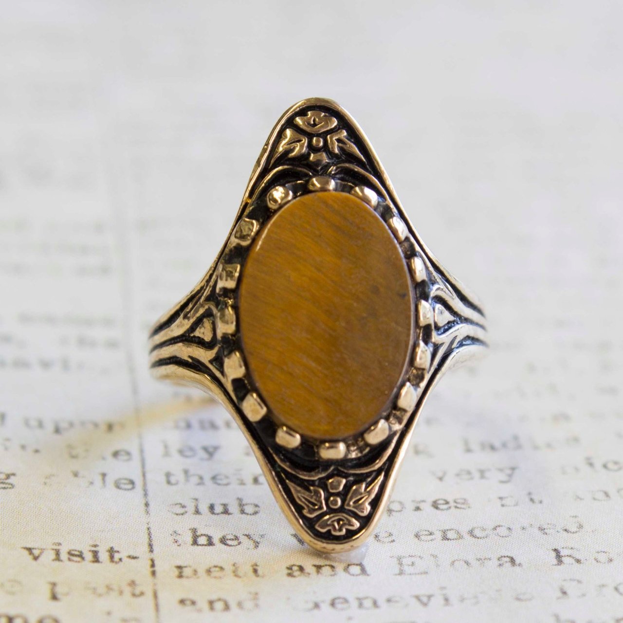 Vintage Ring Hand Painted Blue Rose Porcelain Stone and Austrian Crystals in an 18k Gold Plated Setting #R714-B Size 7 Only