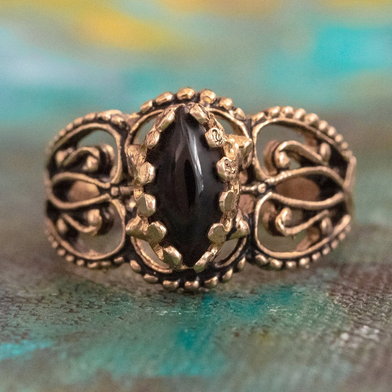 Vintage Genuine Onyx Filigree Ring - 18k Yellow Gold Electroplated - Made in USA jewelry image 1