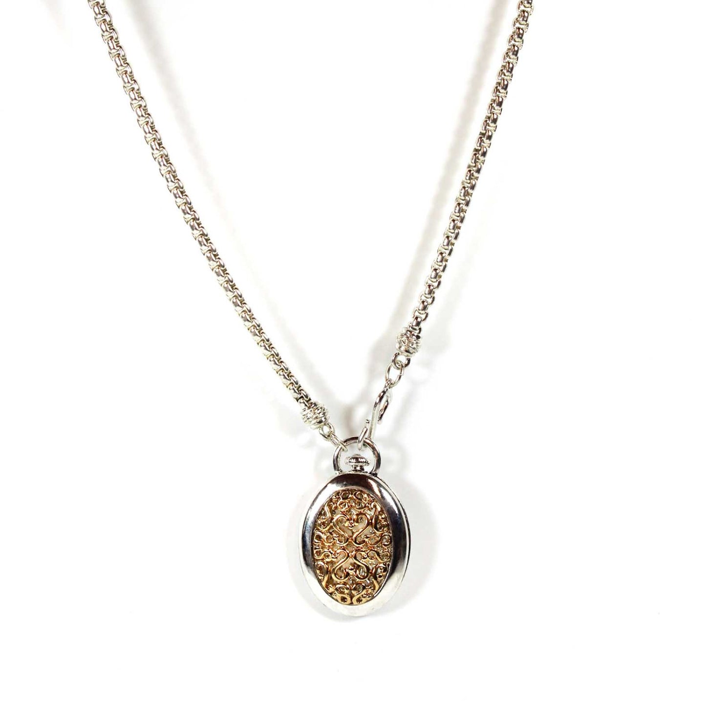 Vintage Signed Oscar De La Renta Two Tone Pendant with 29 Inch Silver Tone Rolo Chain Necklace S-Hook Front Clasp #OS107 Antique Necklace