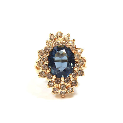 Vintage Sapphire and Clear Austrian Crystal 18k Gold Electroplated Victorian Style Cocktail Ring jewelry image 1