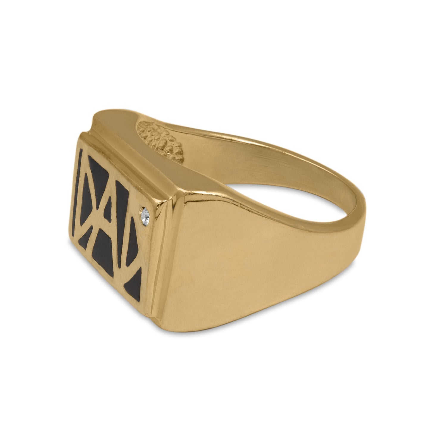 Antique Vintage Ring 1980s Mens DAD Ring Austrian Crystal with Black Enamel Detail 18kt Gold Plated