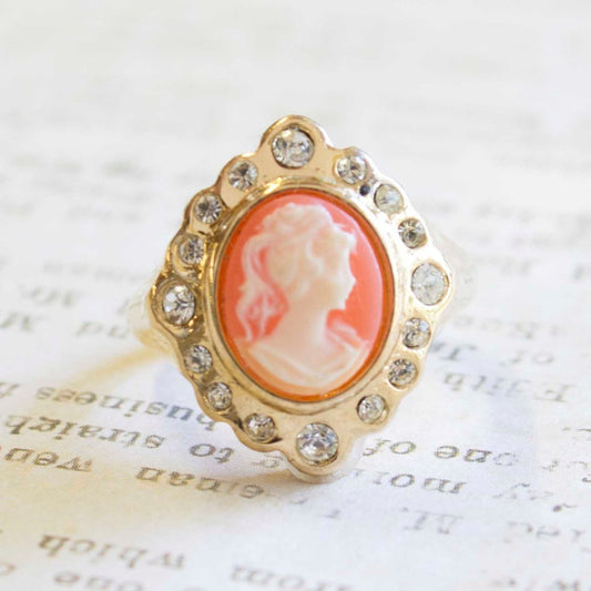 Antique Vintage Ring 1970s 18k Gold Plated White on Coral Cameo Ring Clear Swarovski Crystals