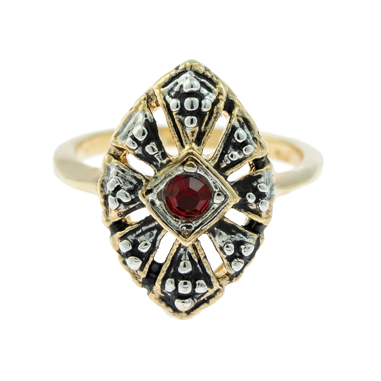 Vintage 1970s Antiqued 18k Gold Electroplated Edwardian Style Ring with Ruby Austrian Crystal jewelry image 1