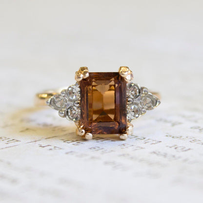 Vintage 1980s Smoky Topaz Swarovski Crystal Ring with Clear Crystal Accents on Two Tone 18k HGE Setting - Made in USA #R996 jewelry image 1
