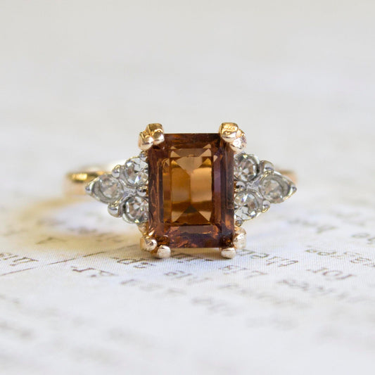 Vintage 1980s Smoky Topaz Swarovski Crystal Ring with Clear Crystal Accents on Two Tone 18k HGE Setting - Made in USA #R996 jewelry image 1