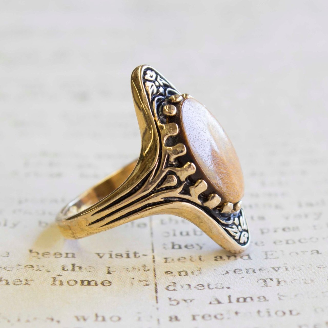 Vintage Ring Hand Painted Blue Rose Porcelain Stone and Austrian Crystals in an 18k Gold Plated Setting #R714-B Size 7 Only
