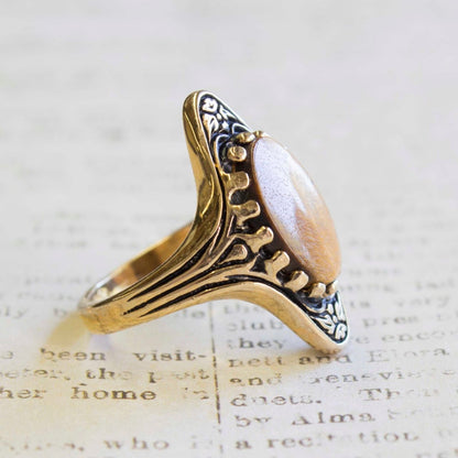 Vintage Ring Hand Painted Blue Rose Porcelain Stone and Austrian Crystals in an 18k Gold Plated Setting #R714-B Size 7 Only