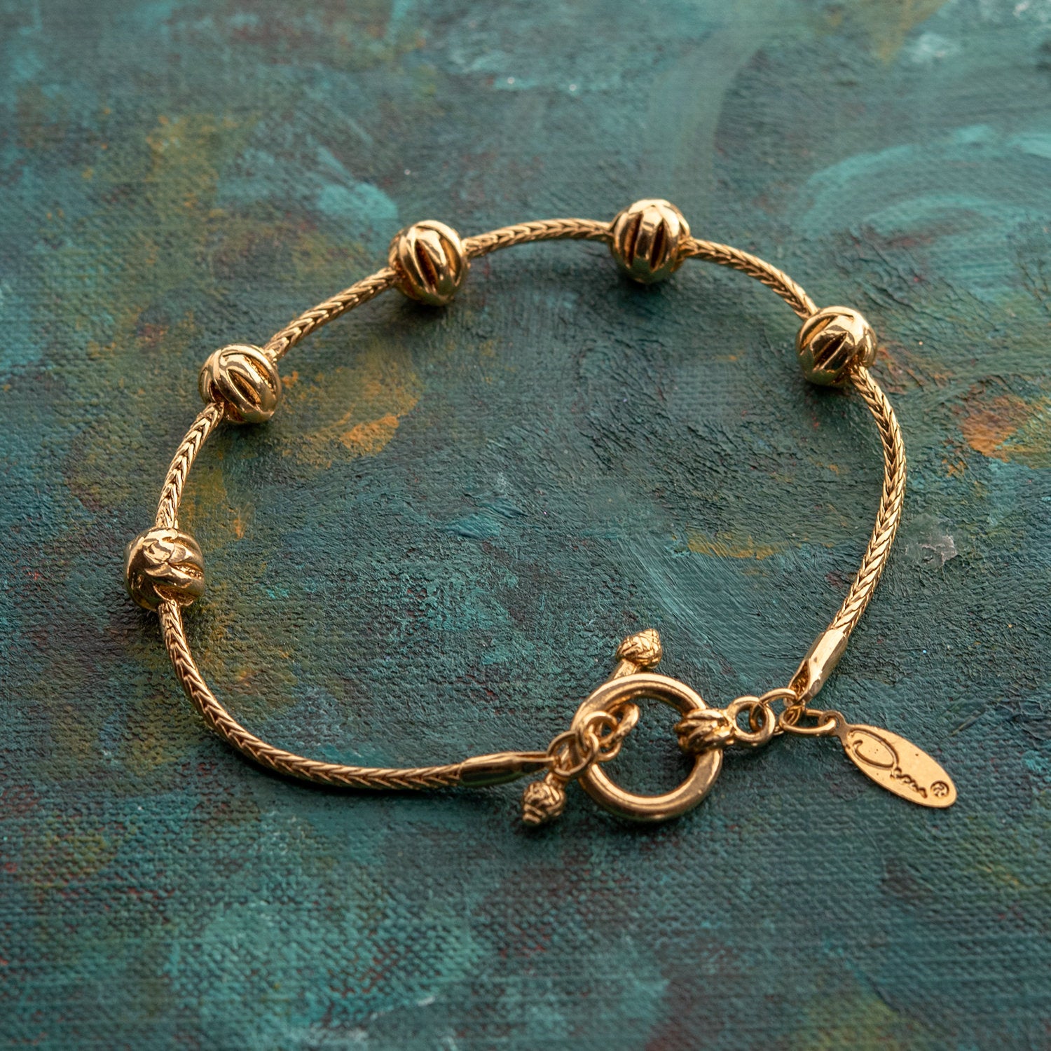 Vintage Bracelet Oscar De La Renta Gold Textured Bead and Chain