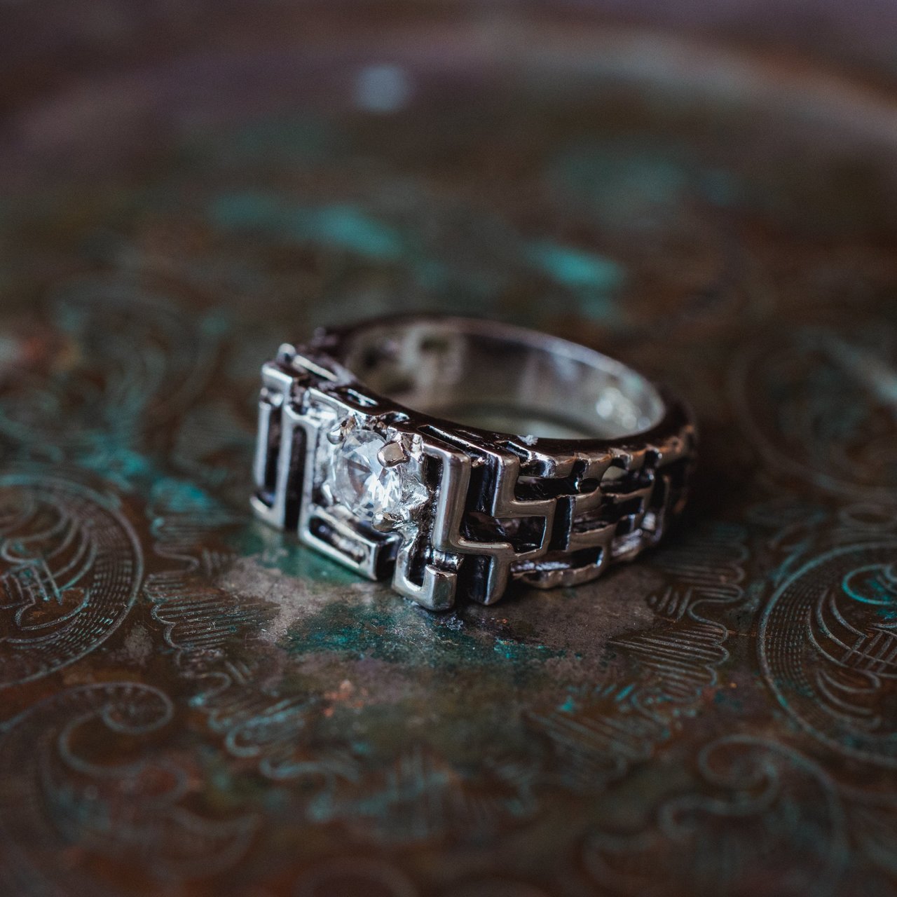Men's Vintage Ring Edwardian Style Genuine Spinel Handcrafted Antiqued 18k White Gold Electroplated