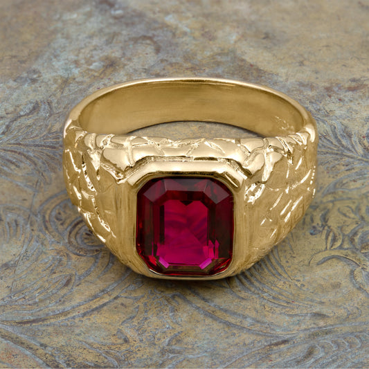 Vintage Ring 1980s Mens Ruby Crystal 18kt Gold Plated Antique for Men #R6004