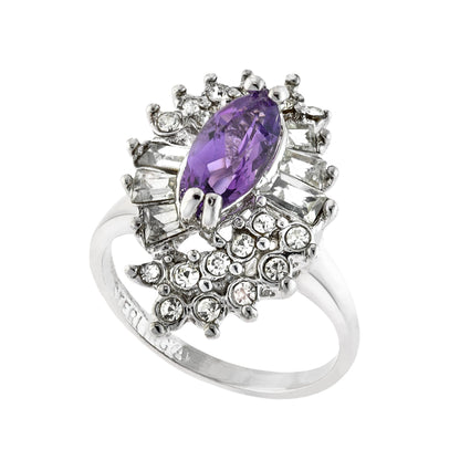 Vintage 1970s Amethyst and Clear Austrian Crystal Cocktail Ring - 18k White Gold Electroplated jewelry image 1