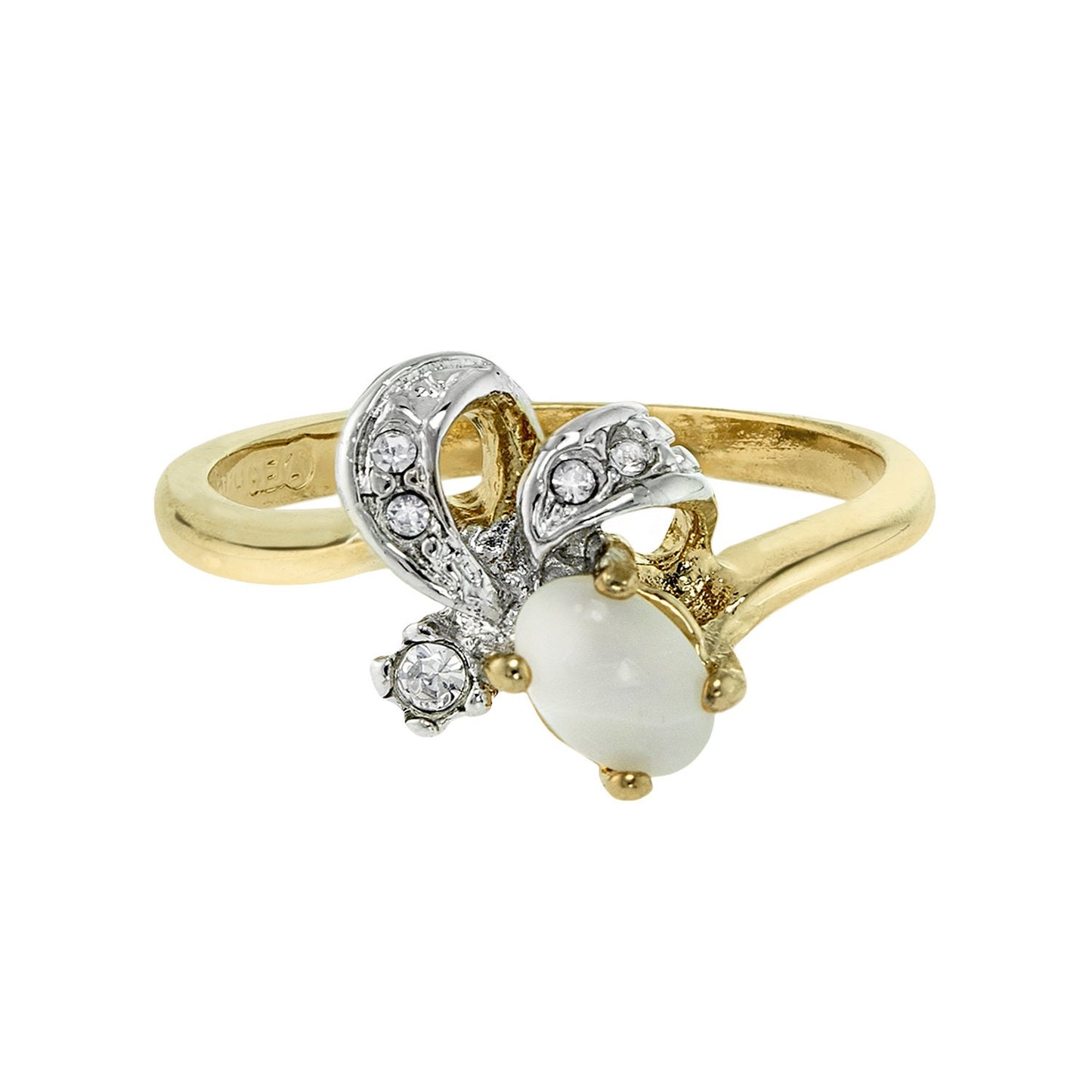 Vintage Genuine Opal and Clear Austrian Crystal Ring - 18k Yellow Gold Electroplated - Made in USA jewelry image 1