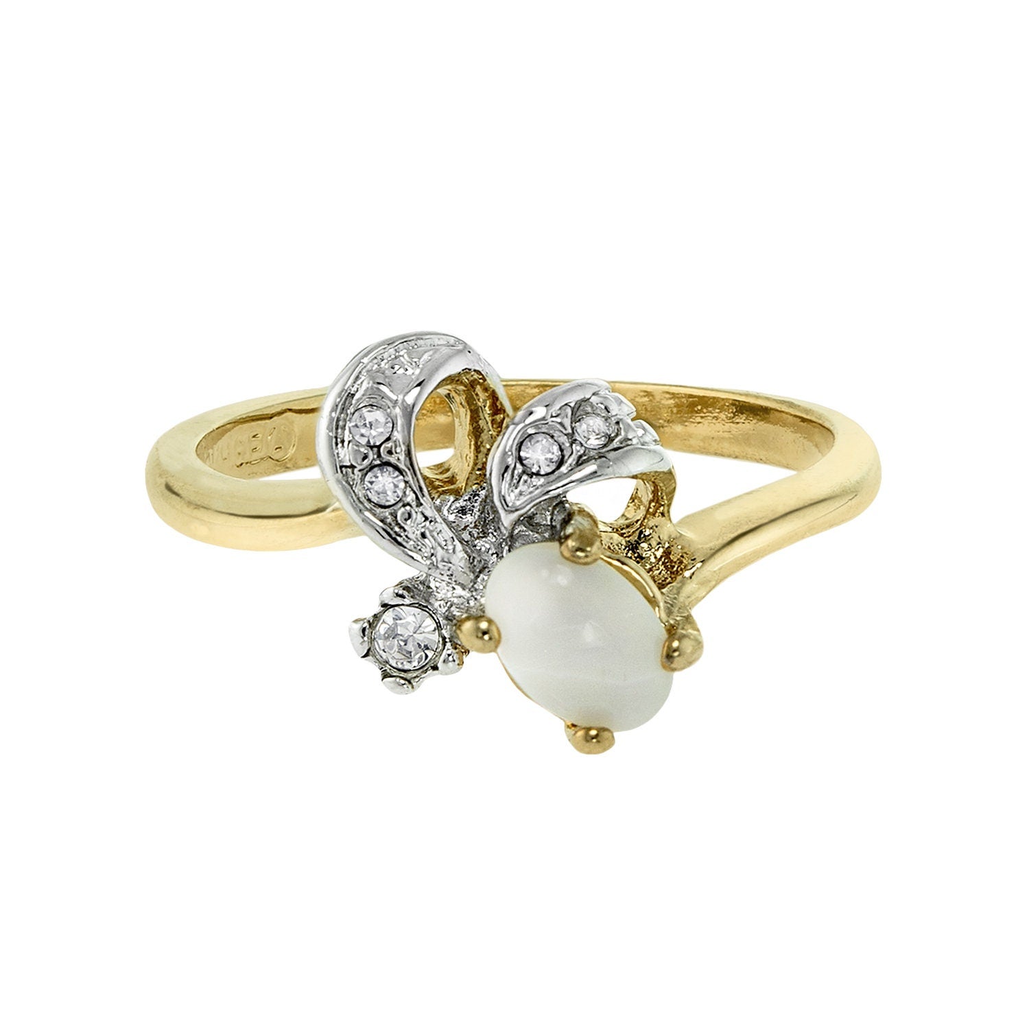 Vintage Genuine Opal and Clear Austrian Crystal Ring - 18k Yellow Gold Electroplated - Made in USA jewelry image 1