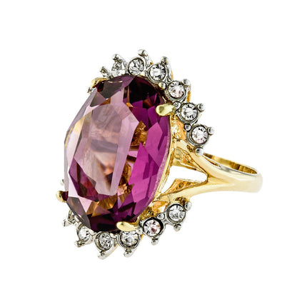 Vintage 1970's Ring Ruby and Clear Austrian Crystals 18k Yellow Gold Plated Band Made in USA