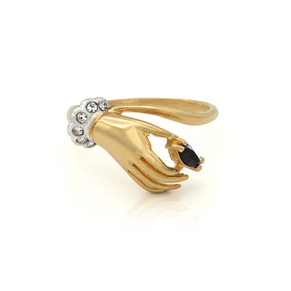 Lydia Vintage Hand Ring with Black and Clear Austrian Crystals - 18k Gold Electroplated jewelry image 1