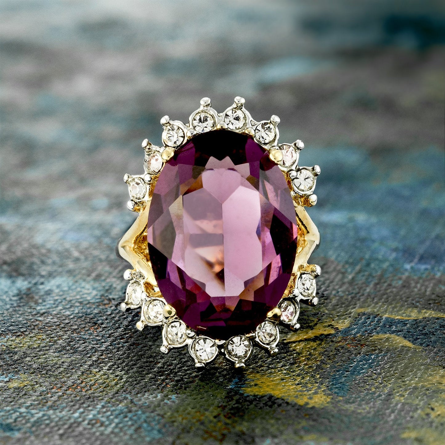 Vintage 1970's Ring Ruby and Clear Austrian Crystals 18k Yellow Gold Plated Band Made in USA