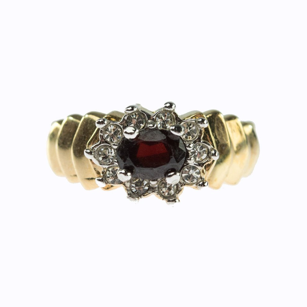 Vintage Ring Genuine Garnet and Clear Swarovski Crystals 18kt Gold Electroplated Band January Birthstone
