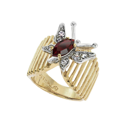 Vintage Butterfly Ring Genuine Coral and Clear Austrian Crystals 18kt Yellow Gold Electroplated