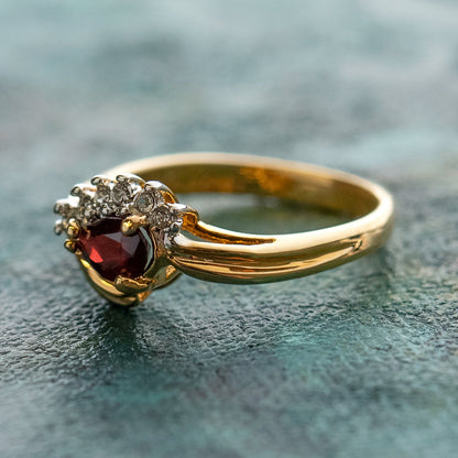 Vintage Ring Genuine Garnet and Clear Austrian Crystals 18kt Yellow Gold Electroplated Made in USA Size: 7