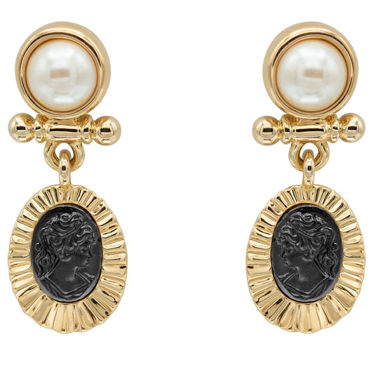 Elizabeth Vintage Gold Antique Pearl and Black Coin Cameo Dangle Earrings