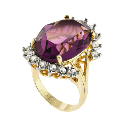 Vintage 1970's Ring Ruby and Clear Austrian Crystals 18k Yellow Gold Plated Band Made in USA