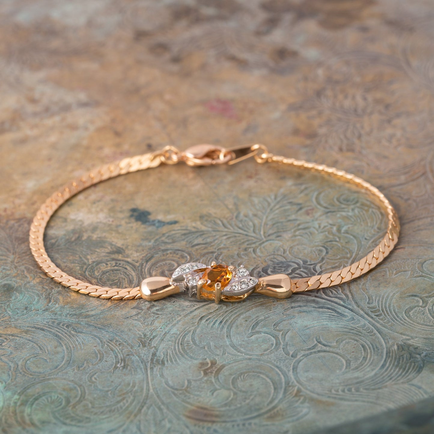Vintage Light Topaz and Clear Swarovski Crystal 18kt Gold Electroplated Bracelet jewelry image 1