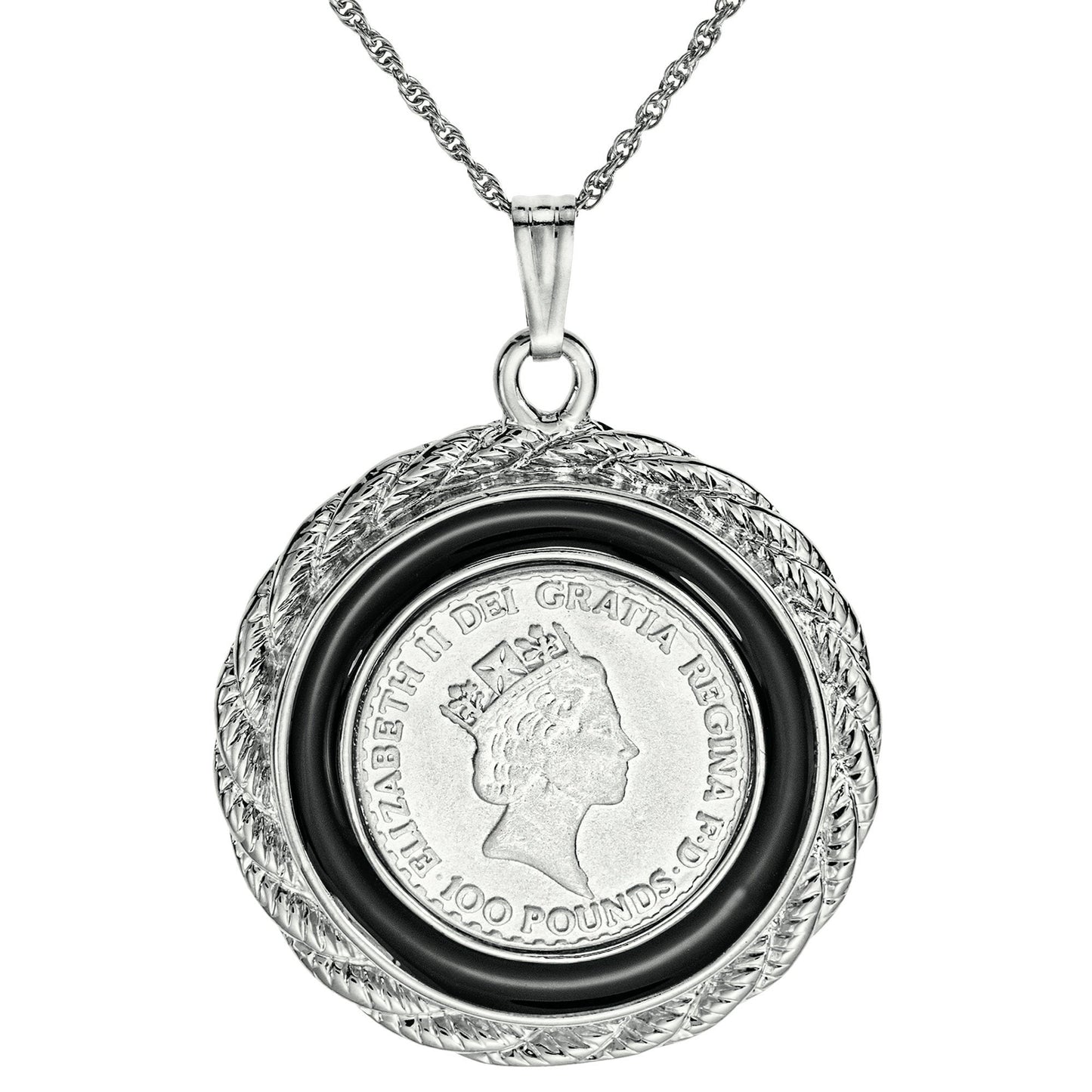 Queen Elizabeth II 100 Pound Coin Pendant Necklace - 18K Yellow Gold Electroplated with Black Accent Ring jewelry image 1