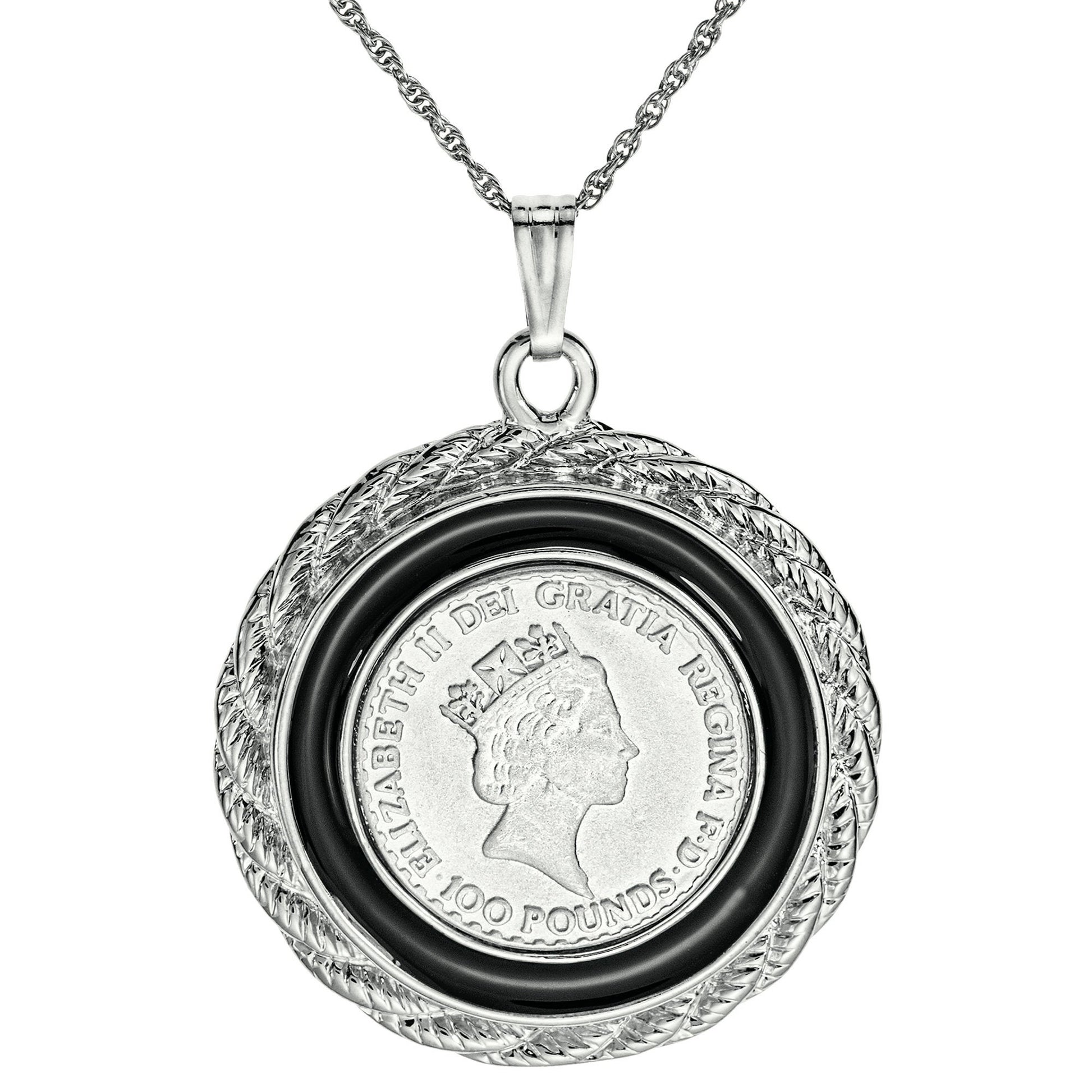 Queen Elizabeth II 100 Pound Coin Pendant Necklace - 18K Yellow Gold Electroplated with Black Accent Ring jewelry image 1