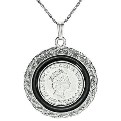 Queen Elizabeth II 100 Pound Coin Pendant Necklace - 18K Yellow Gold Electroplated with Black Accent Ring jewelry image 1