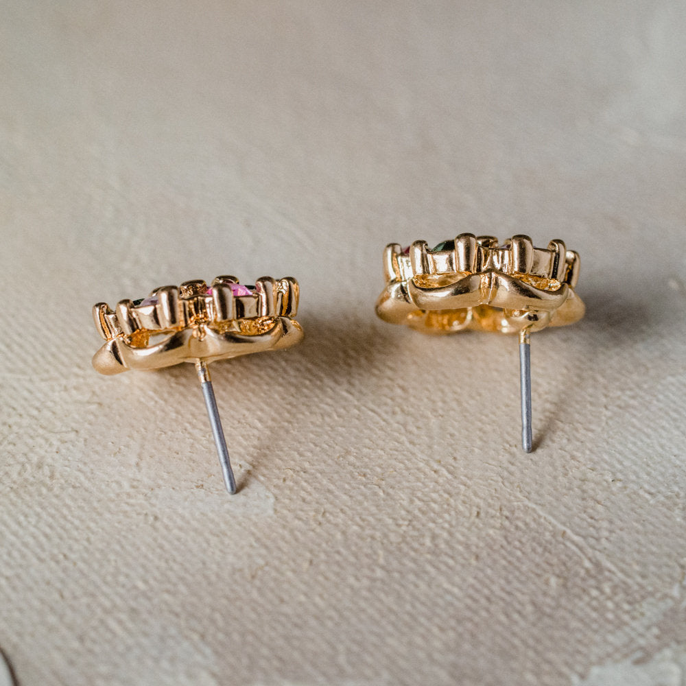 Vintage Pastel Flower Pierced Earrings 18k Yellow Gold Electroplated Made in USA