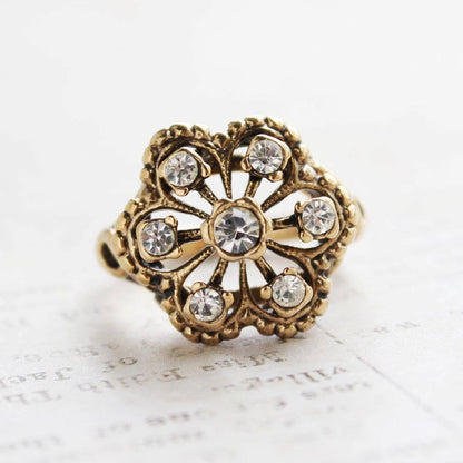 Vintage Citrine Austrian Crystals Filigree Style Antiqued 18k Yellow Gold Electroplated Ring