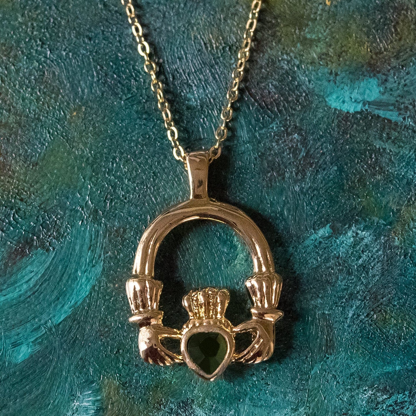 Vintage Claddagh Necklace Austrian Heart Crystal 18k Yellow Gold Electroplated Made in the USA