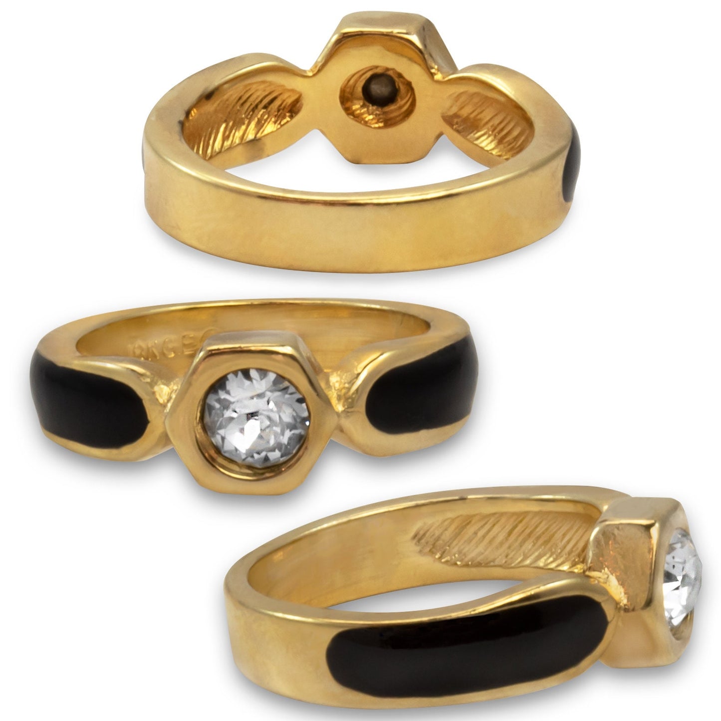 Vintage Ring 1980s Black Enamel Ring with Clear Swarovski Crystals Leaf Motif Antique 18k Gold Plated #R6000 Size 5