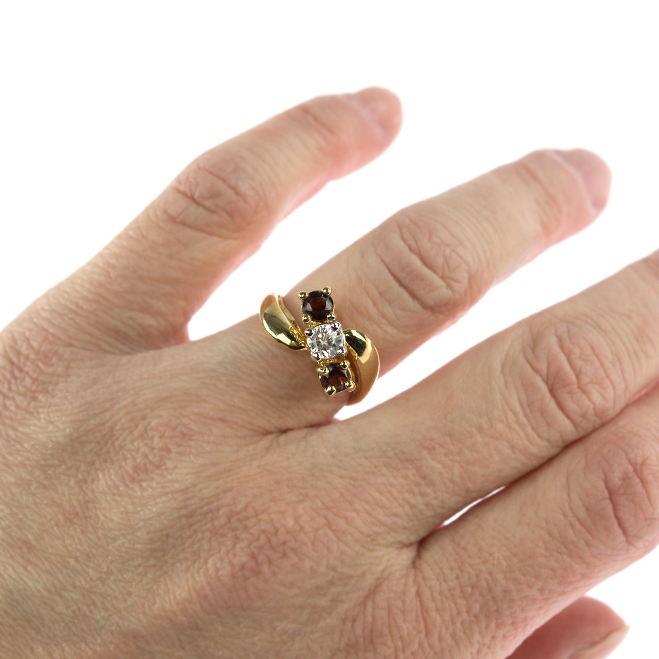 Vintage Ring Genuine Garnet and Clear Swarovski Crystals 18kt Gold Plated Band January Birthstone Antique Jewlery for Womens Rings R2369 Size: 8
