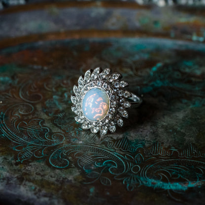 Vintage Jewelry Pinfire Opal Cocktail Ring in a 18k Gold Electroplated Setting Made in the USA