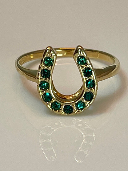Vintage Ring 1970s Lucky Horseshoe Ring Austrian Crystals 18k Gold Antique Womans Jewelry Horse