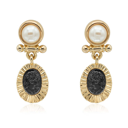 Elizabeth Vintage Gold Antique Pearl and Black Coin Cameo Dangle Earrings