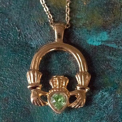 Vintage Claddagh Necklace Austrian Heart Crystal 18k Yellow Gold Electroplated Made in the USA