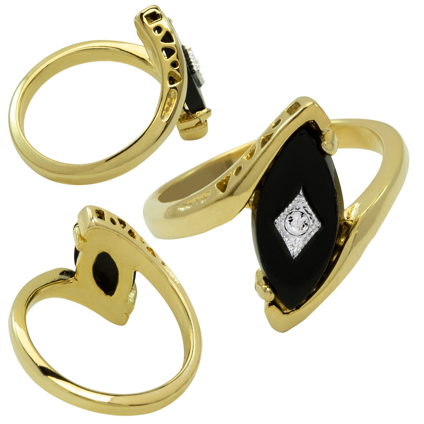 Vintage Imitation Onyx Stone set with Austrian Crystal 18kt Yellow Gold Electroplated Setting Made in USA #R961 Size: 4