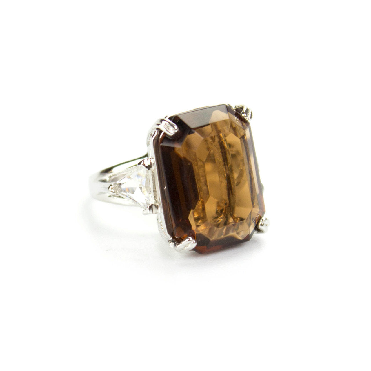 Vintage Ring Cocktail Ring Smoky Topaz and Clear Swarovski Crystals Rhodium Plated Silver Tone #R2239 Size: 9