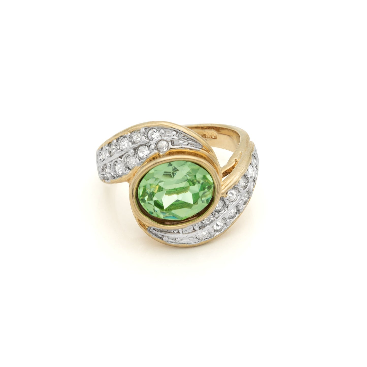 Vintage Ring 1980's Peridot Crystal Ring with Clear Crystals 18k Gold  R2444
