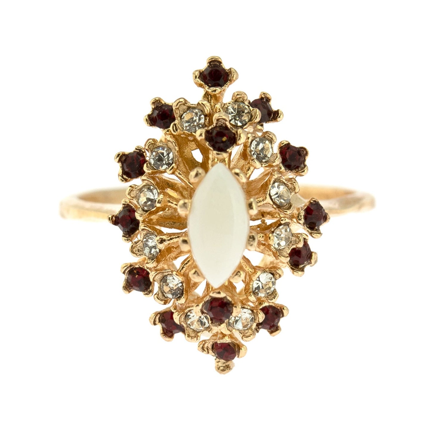 Vintage Genuine Opal Ring with Clear and Ruby Austrian Crystals 18kt Yellow Gold Electroplated jewelry image 1